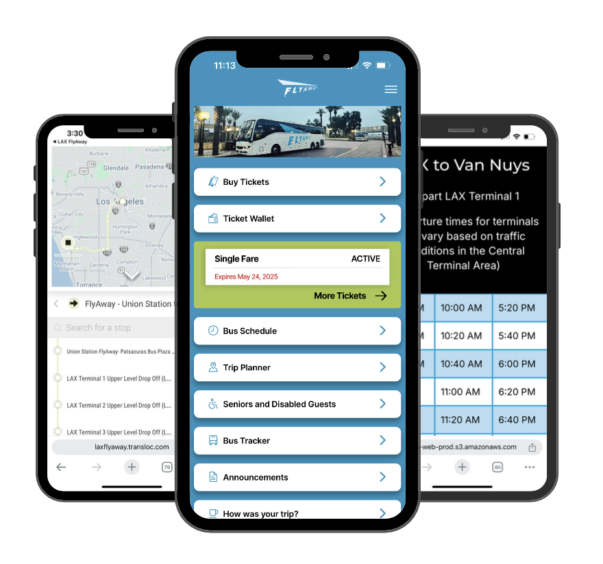 Three phone screens showing CharterUP's mobile app powering Los Angeles World Airports (LAWA) shuttle